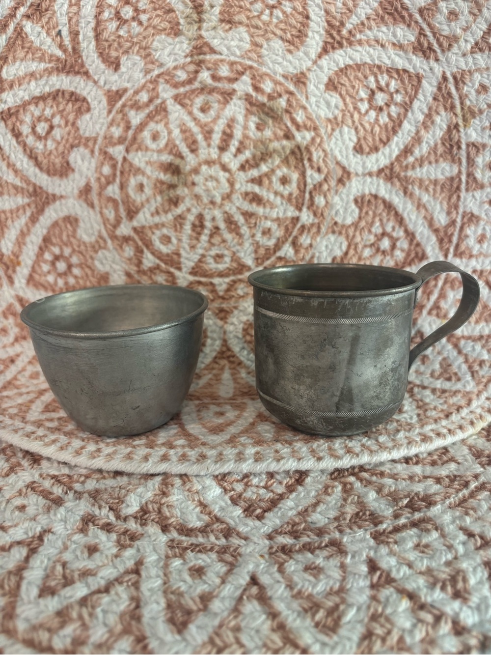 Vintage Pewter Child’s Cup & Bowl Set Miniature Tableware Colonial Style